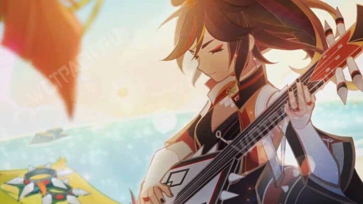 Синь Янь играет на гитаре