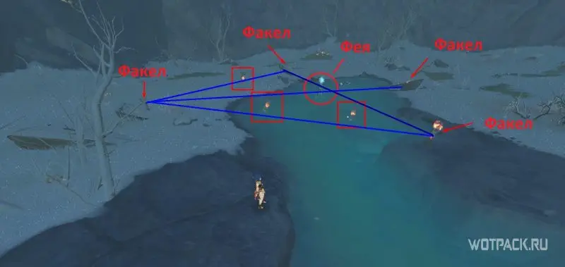 Решение загадки с факелами и феей на берегу Драконьего хребта в Genshin Impact