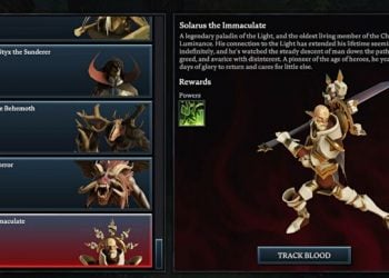 V Rising Solarus the Immaculate Blood Altar tracking page, showing an image of the paladin on the right and a list of bosses on the left