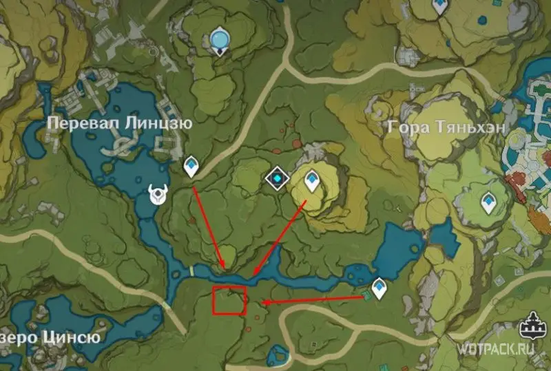 Место нахождение Чайльда у Озера Цинсю на карте