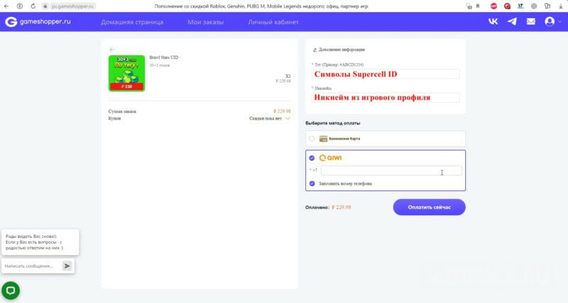Страница с вводом данных игрока