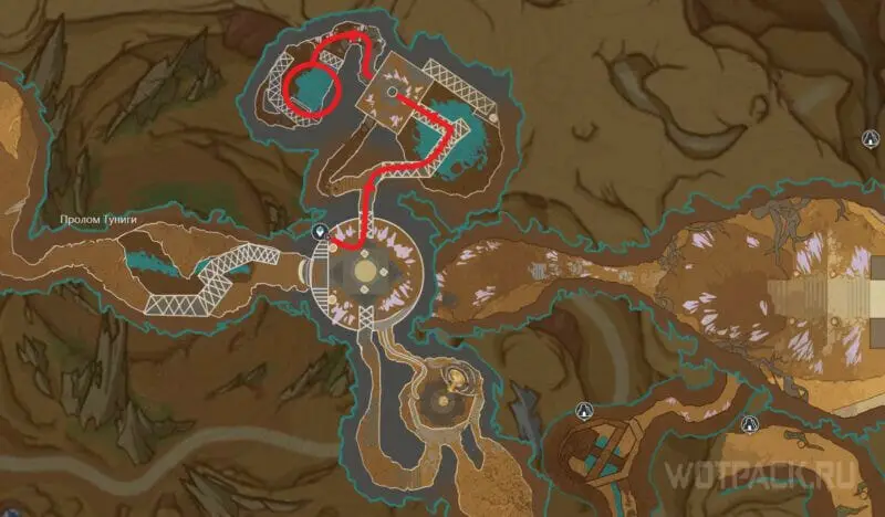 De route naar de puzzel met 5 monumenten in de Tunigi Gap op de kaart