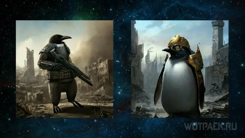 Пингвин в броне на фоне разрушенного города.