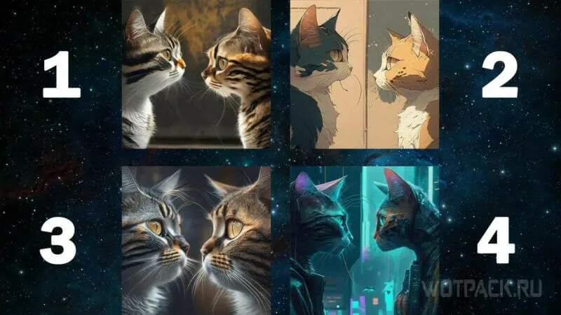Два кота смотрят друг на друга (без стиля; аниме; детальное фото; киберпанк).