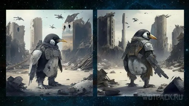 Пингвин в боевой броне на фоне разрушенного города.