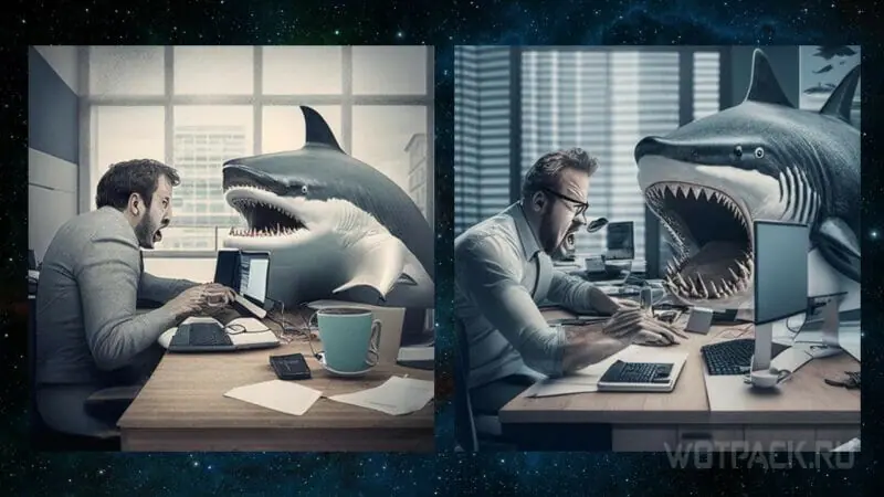 Человек-акула работает за компьютером в офисе рядом с простым человеком.
