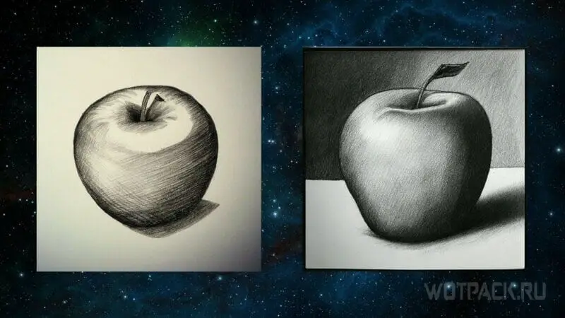 Яблоко, нарисованное карандашом.