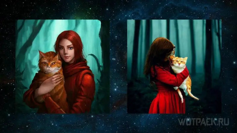 Девушка обнимает рыжего кота в темном лесу.