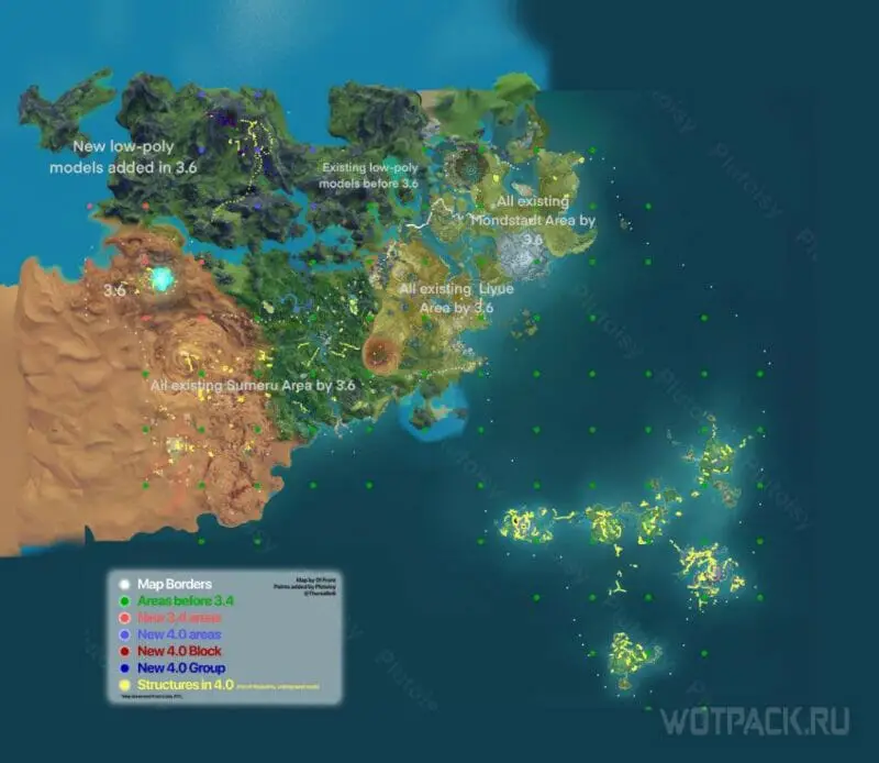 карта игровых территорий, включающая будущие локации в Фонтейне, Ли Юэ и Сумеру 