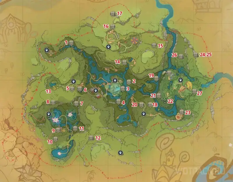 The location of the rich chests on the Mirage Velurium map