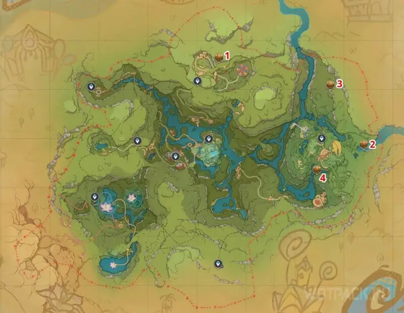 The location of the precious chests on the map of Mirage Velurium
