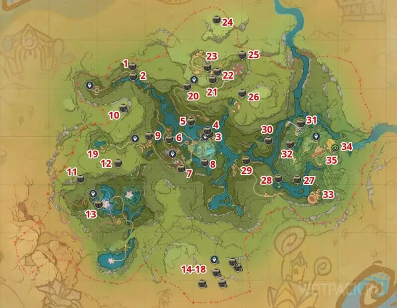 De locatie van gewone kisten op de Mirage Velurium-kaart