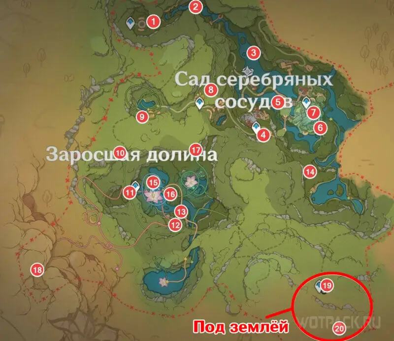 Карта с ларцами в Саду серебряных сосудов и Заросшей долине