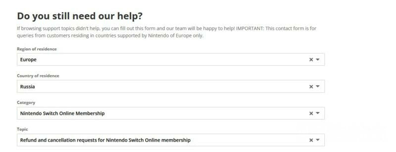 Пример заполнения запроса в поддержку Nintendo.