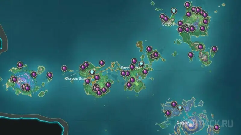 mapa znázorňujúca umiestnenie fialového melónu na ostrovoch Inazuma