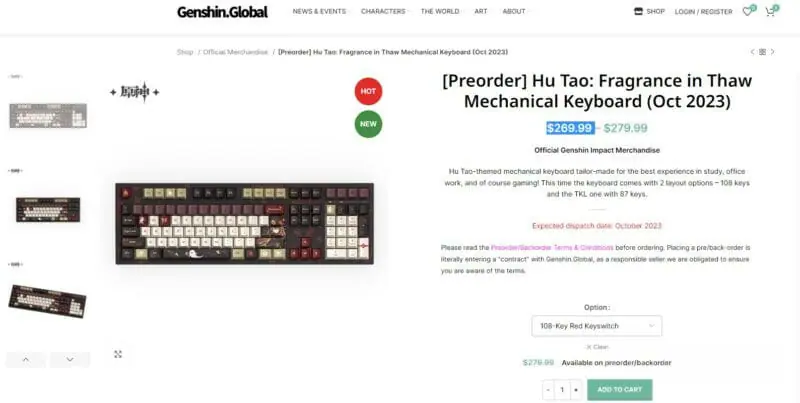 Страница с предзаказом клавиатуры Ху Тао