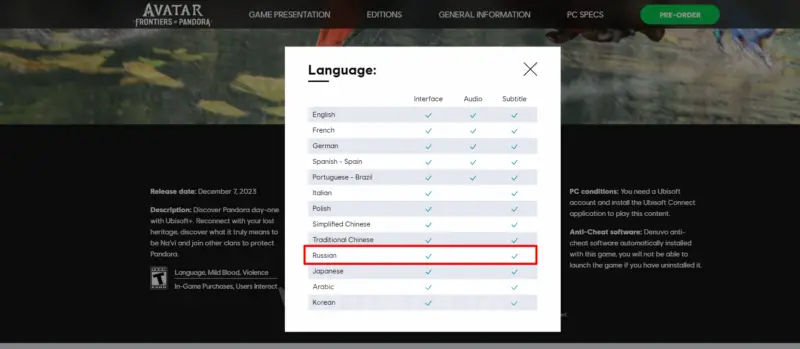 Will there be a Russian language in Avatar: Frontiers of Pandora