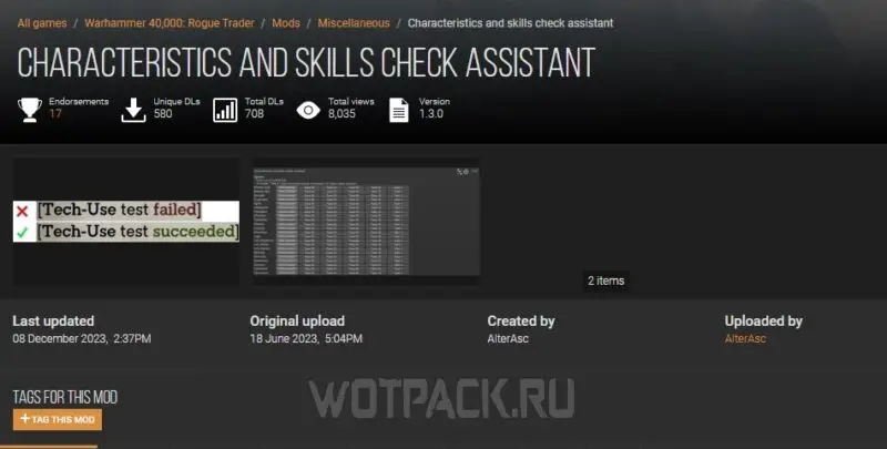 Мод Characteristics and skills check assistant