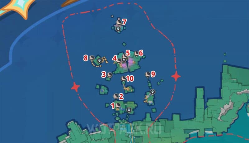 Расположение всех отрывков радости (карт сокровищ) на карте Расколотого моря Симуланки