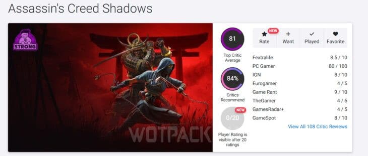 Оценки Assassin's Creed Shadows на Opencritic