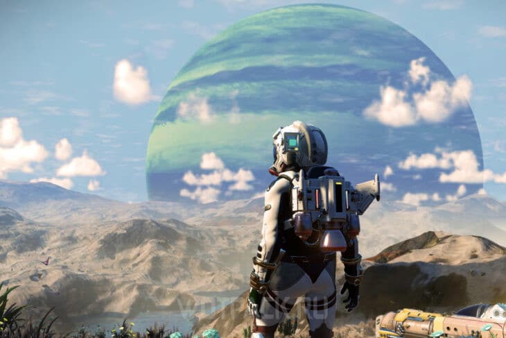 Персонаж в скафандре на планете в No Man’s Sky