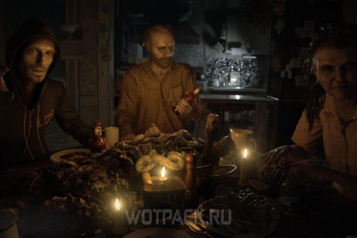 Семья за столом в игре Resident Evil 7: Biohazard