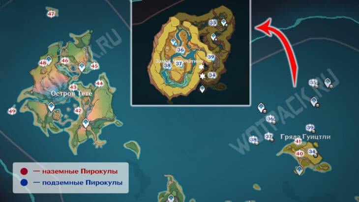 Маршрут сбора окулусов в Гряде Гуицтли и на острове Тете