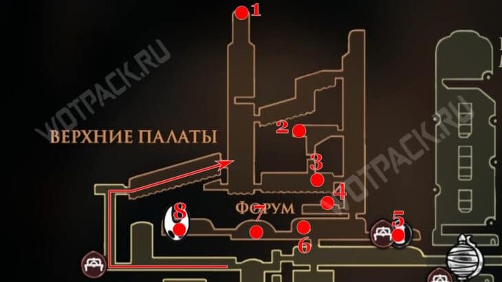 Карта Верхних палат с маркерами ключевых точек