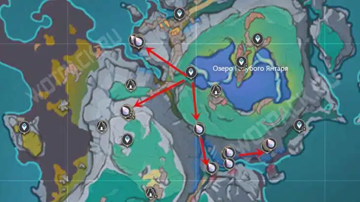 Маршруты фарма у Озера Голубого Янтаря