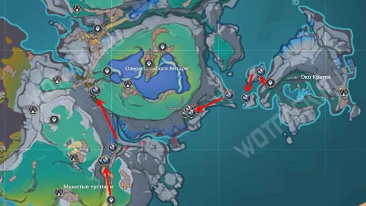 Маршрут фарма на карте вокруг Озера Голубого Янтаря
