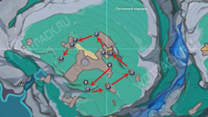 Маршрут фарма на карте Пустынного коридора