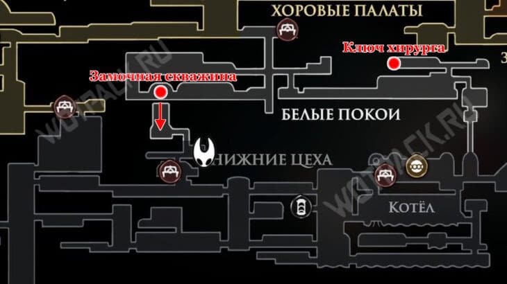 Расположение ключа хирурга и входа к распутывателю
