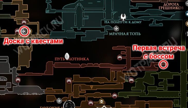 Расположение босса и доски с квестом на карте Фарлума