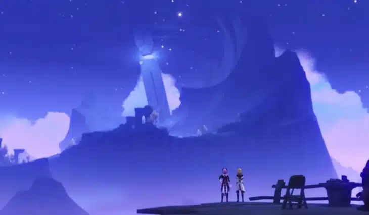 Дурин и Альбедо смотрят на статую острова Хийси