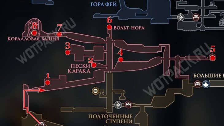 Карта с ключевыми точками в Песках Карака