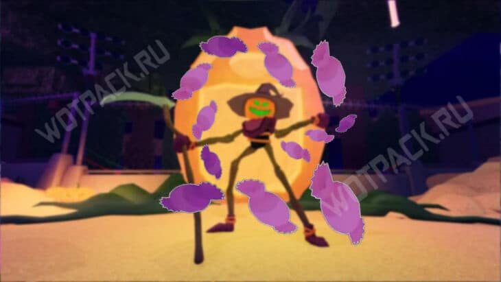 Хэллоуинское пугало в окружении конфет