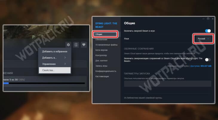 Выбор настроек в свойствах игры