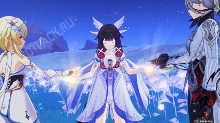 Субретка принимает силу Светоча от Путешественника и Арлекино