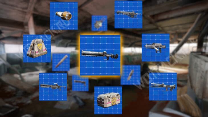 Чертежи оружия и сумок на фоне комнаты управления