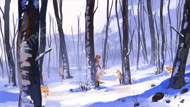 Тарталья гуляет по снежному лесу с лисицами