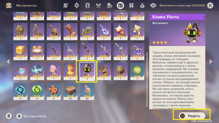 Кошка Уйола в инвентаре