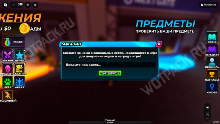 Окно "Магазин" с полем для ввода кодов