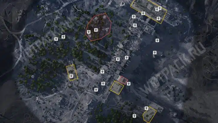 Расположение точек спавна антенн на поле битвы у дамбы