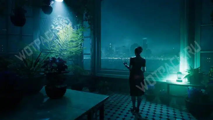 Героиня с бокалом в руке смотрит на ночной Сиэтл