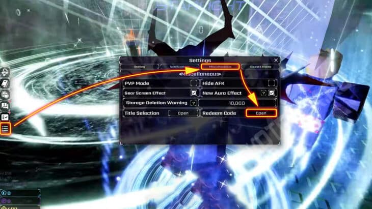 Очередность действий для открытия меню промокодов