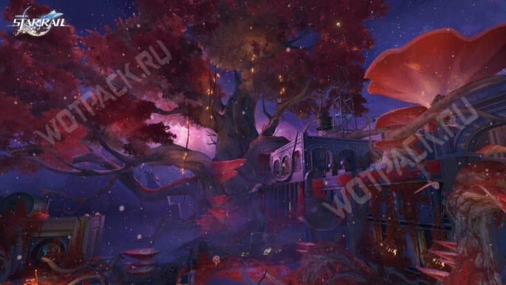 Дерево с жёлтыми листьями и красными цветами