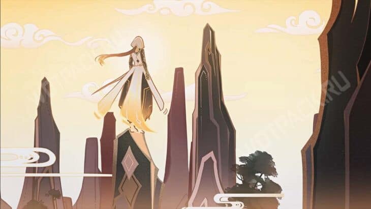 Чжун Ли в виде Архонта стоит на вершине горы