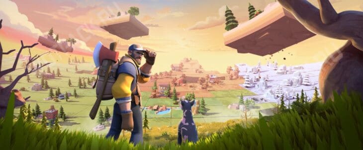 Сержант стоит с собакой на фоне поселения