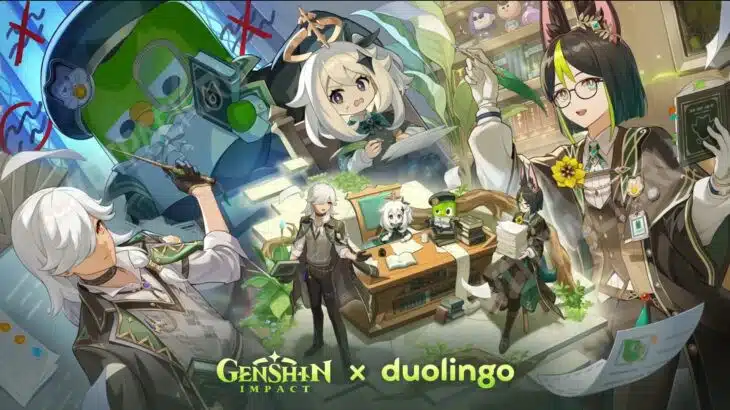 Тигнари, Сайно и Паймон на постере коллаборации с Дуолинго