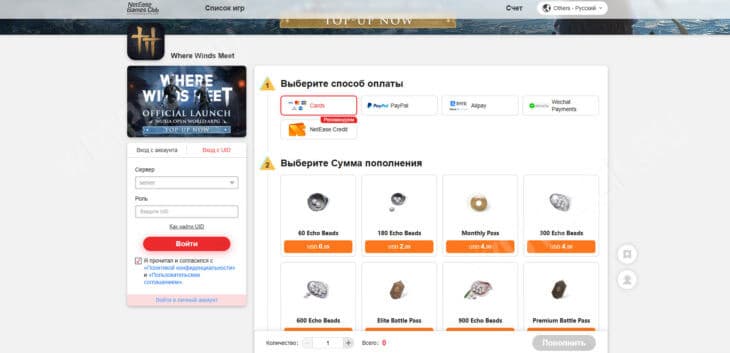 Страница официального пополнения через издателя